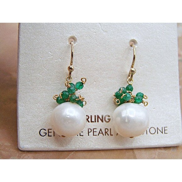 NEW Sterling Silver Genuine Pearl and Green Stone Dangle Earrings Gold Hook NWT - Picture 6 of 11